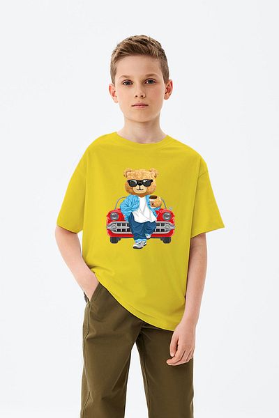 ADABEBEK Car Detailed Coffee Drinking Glasses Teddy Bear Printed Boys' T-Shirt