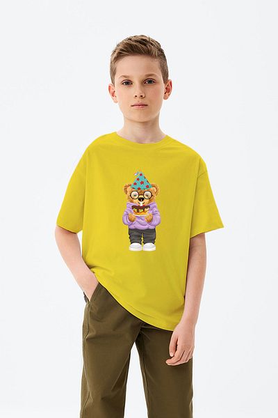 ADABEBEK Birthday Cake Themed Teddy Bear Printed Boy's T-Shirt