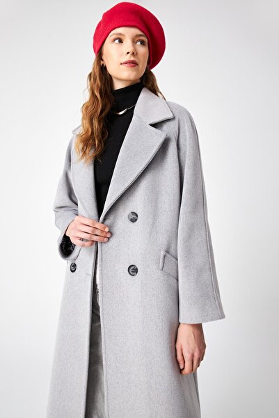 Zühre Double Breasted Collar Pocket Detailed Stamped Gray Coat 13300