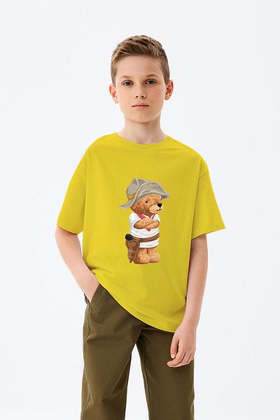 ADABEBEK Cowboy Teddy Bear Printed Boys' T-Shirt with Hat