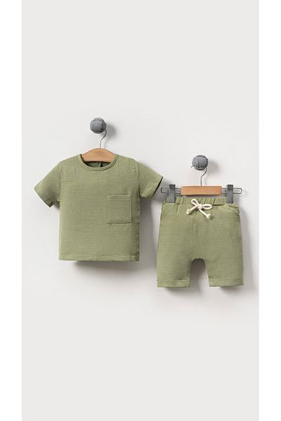 Bubito Unisex Baby&Child 100% Cotton Muslin Pocket Top and Bottom Shorts Set-Green