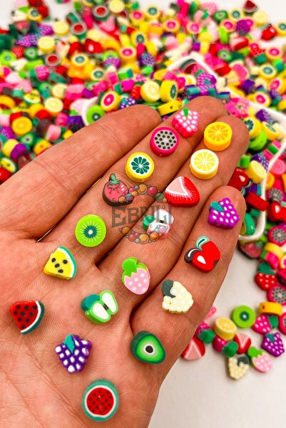 Ebruli Boncuk Mărgele Fimo cu figurine de fructe mixte de 10 mm pentru realizarea de bijuterii (100 buc)