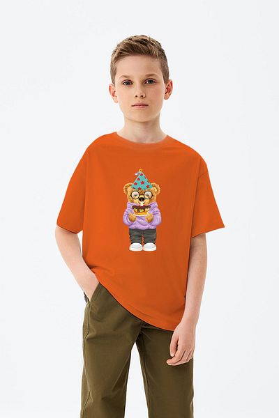 ADABEBEK Birthday Cake Themed Teddy Bear Printed Boy's T-Shirt