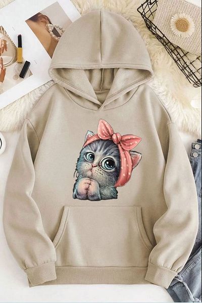 Medinenur Γυναικείο φούτερ με κουκούλα - Cute and Cat Printed