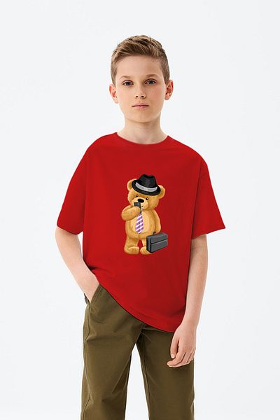 ADABEBEK Tricou pentru băiat cu imprimeu ursuleț de pluș cu desen cu selfie