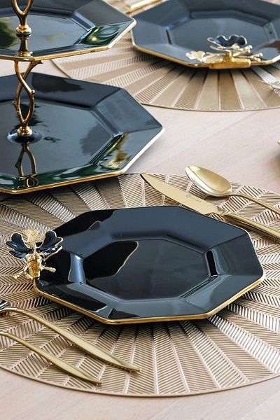 Glore Dolmabahçe Octagonal Black Gold Gilt Glass Cake Plate Set for 6 People