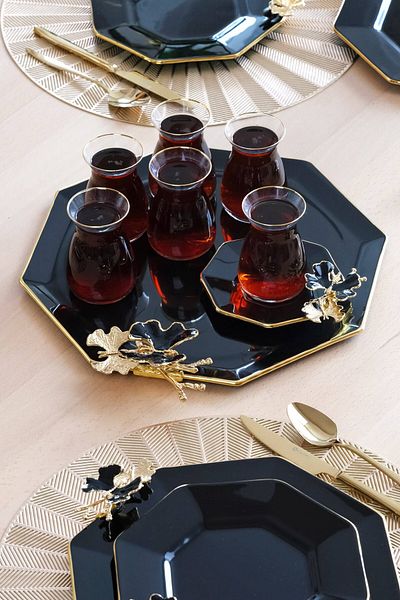 Glore Dolmabahçe Octagonal Black Gold Gilt Glass Tray