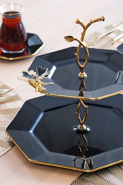 Glore Dolmabahçe Octagonal Black Gold Gilt Glass Cookie Holder