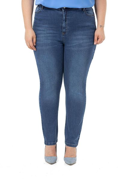 DISENTIS MODEST Large Size High Waist Slim Leg Blue Denim Trousers