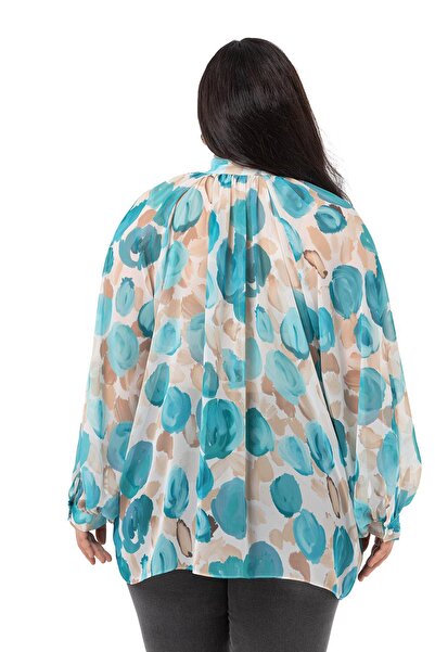 DISENTIS MODEST Plus Size Chiffon Turquoise Blouse with Scarf and Pleated Back and Wide Cut Cuffs