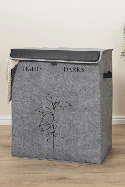 AHİR TİCARET Δερμάτινο τσόχα 2 θέσεων Καλάθι βρώμικων ρούχων Πολλαπλών χρήσεων Πτυσσόμενη τσάντα αποθήκευσης παιχνιδιών Γκρι 53x33x60 cm