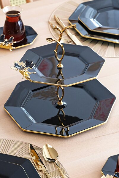 Glore Dolmabahçe Octagonal Black Gold Gilt Glass Cookie Holder