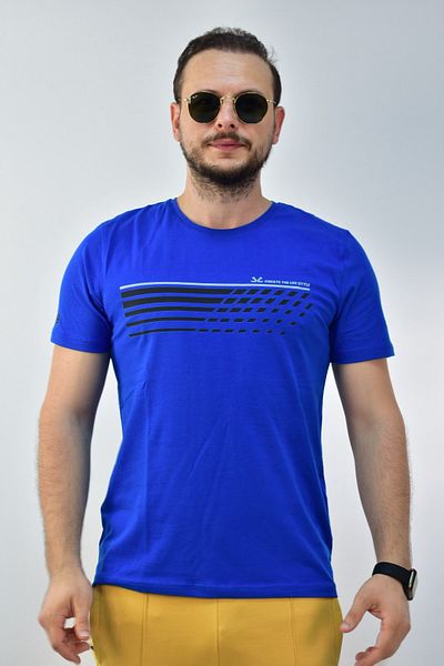 Escetic Saks Blue Ανδρικό Slimfit 95% βαμβακερό μονόκλινο αναπνεύσιμο αθλητικό μπλουζάκι 0780