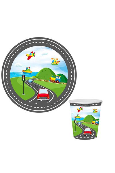 kidspartim Vehicles Cardboard Plate Cup 8 pcs