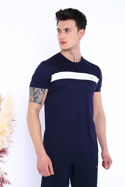 Escetic Men's Navy Blue Sports Bagel Collar Slimfit Breathable Flush Vanize Single Jersey Fabric T-shirt 0831