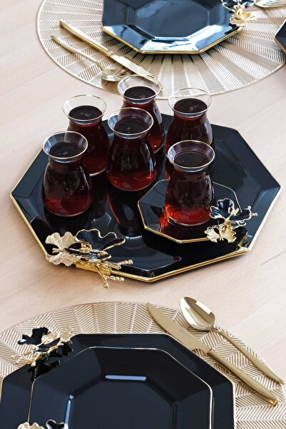 Glore Dolmabahçe Octagonal Black Gold Gilt Glass Tray