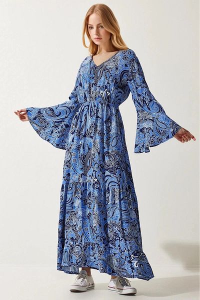 hazelin Rochie de vară lungă de vară cu mânecă spaniolă cu model albastru, cu talie elastică HZL24S-BD124541