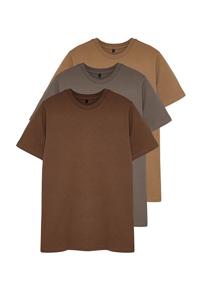 Trendyol Collection Braun-Beige-Grau Slim/Slim Fit Rundhalsausschnitt Basic 100 % Baumwolle 3er-Pack T-Shirts TMNSS19BO0007