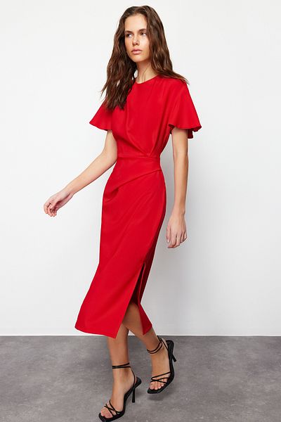 Trendyol Collection Red Straight Cut Gathered Midi Woven Dress TWOSS24EL00713