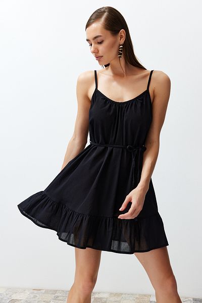 Trendyol Collection Plážové oblečení Černé mini tkané šaty s páskem TBESS24EL00021
