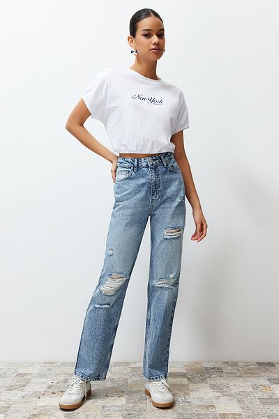 Trendyol Collection Blugi drepți cu talie înaltă, albaștri, mai sustenabili TWOSS24JE00200