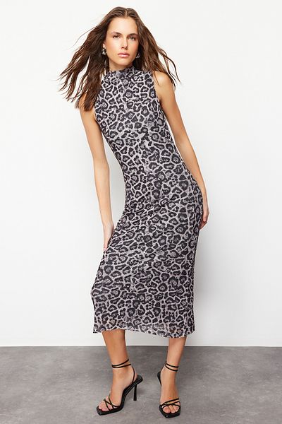 Trendyol Collection Flexible Knitted Midi Pencil Dress - Anthracite, Leopard Print, Stand Collar, Zero Sleeve - TWOSS24EL00678