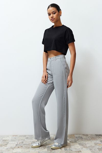 Trendyol Collection Grau 100 % Zinn ™   Jeans mit niedrigem Bund und weitem Bein – langlebig TWOSS23JE00219