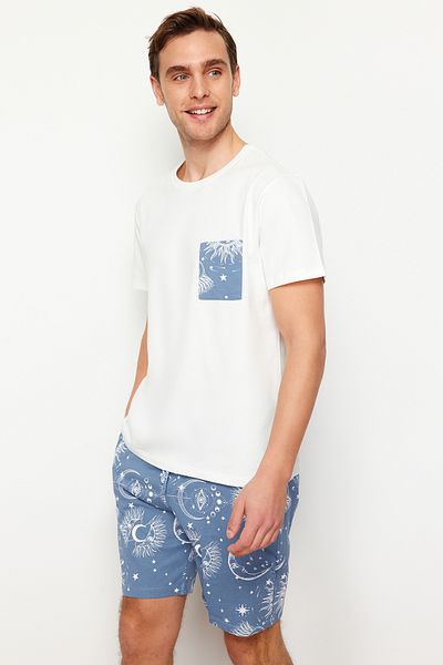 Trendyol Collection Ecru Blau Regular Fit Herren Pyjama Set Bewerben TMNSS24PT00018