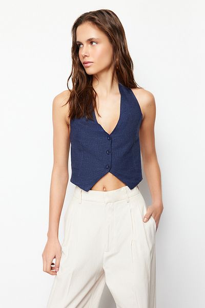 Trendyol Collection Blůza Indigo Halter z bavlněného plátna TWOSS24BZ00238