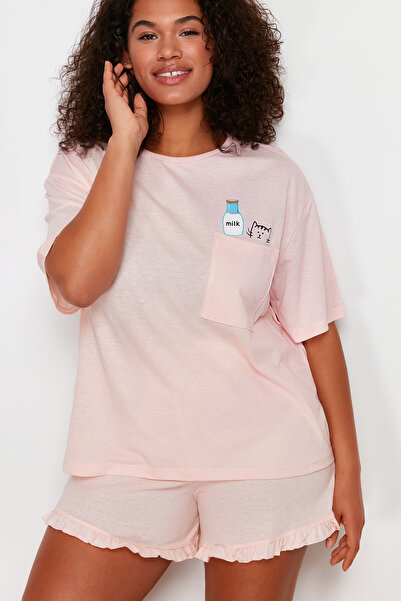 Trendyol Curve Růžová bavlněná sada pletených pyžam s potiskem TBBSS24AI00035