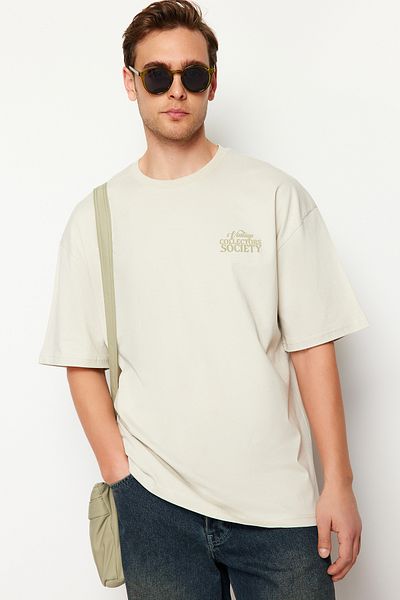 Trendyol Collection Μπλουζάκι από βαμβακερό μπλουζάκι με τυπωμένο κείμενο με χνουδωτό κείμενο - TMNSS24TS00044