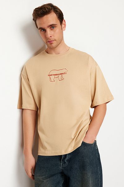 Trendyol Collection Mink Oversize/Wide Cut Gel Animal Printed 100% Cotton T-shirt TMNSS24TS00066