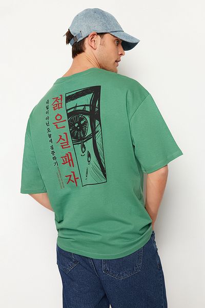 Trendyol Collection Anime Printed Green Oversize Βαμβακερό T-Shirt - TMNSS23TS00156