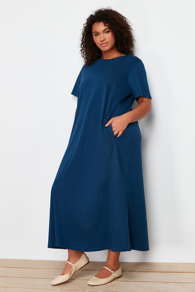 Trendyol Curve 100% pamut Midi sötétkék kötött póló ruha - TBBSS24AH00067