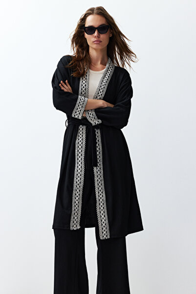 Trendyol Collection Black Embroidery Detailed Belted Woven Kimono-Pants Set Twoss24Au00064