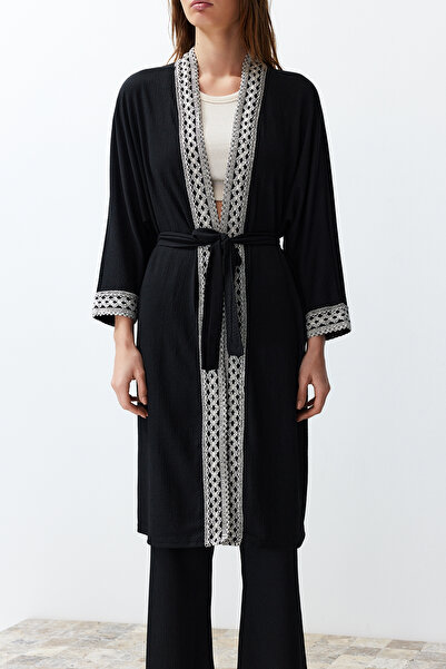 Trendyol Collection Black Embroidery Detailed Belted Woven Kimono-Pants Set Twoss24Au00064
