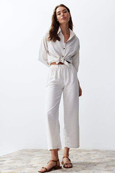 Trendyol Collection Лляний тканий комплект сорочка та штани екрю TWOSS24AU00065
