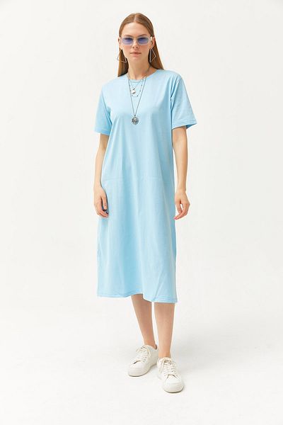 Olalook Γυναικείο Baby Blue Oversize Βαμβακερό φόρεμα με σκίσιμο στο πλάι ELB-19001880