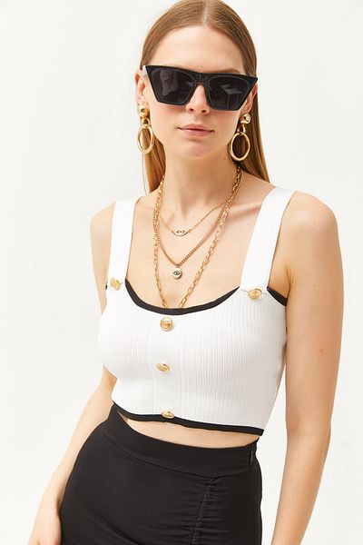 Olalook Women's Ecru Button Detailed Strappy Crop Knitwear Blouse BLZ-19002551