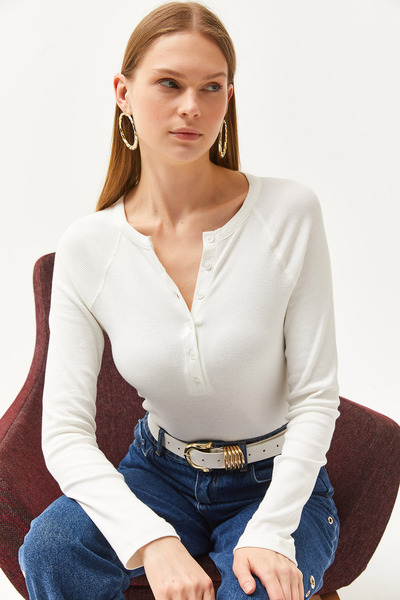 Olalook Women's Ecru Garnished Buttoned Crew Neck Raglan Sleeve Blouse BLZ-19002556