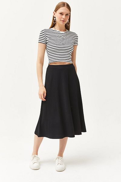 Olalook Schwarzer fließender Twist-Rock mit elastischer Taille für Damen ETK-19000258