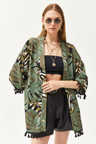 Olalook Women's Palm Green Tasseled Loose Knitted Kimono KMN-00000056