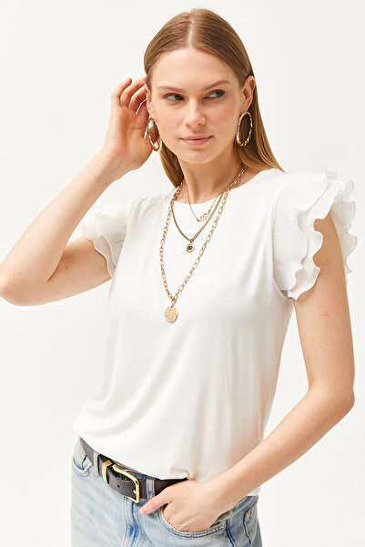 Olalook Women's Ecru Sleeve Pleated Knitted Viscose Blouse BLZ-19002554