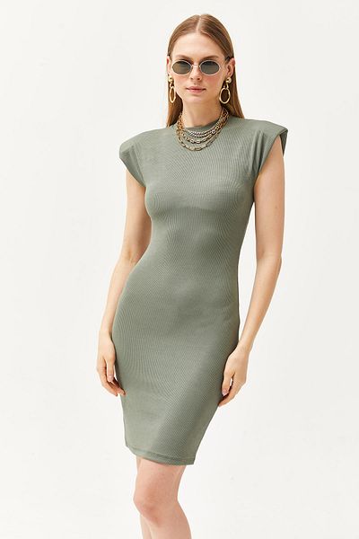 Olalook Khakifarbenes, wattiertes Minikleid mit Rundhalsausschnitt für Damen ELB-19002097
