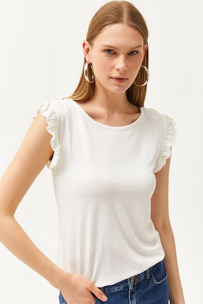 Olalook Women's Ecru Sleeve Frilly Back Tie Knitted Viscose Blouse BLZ-19002555