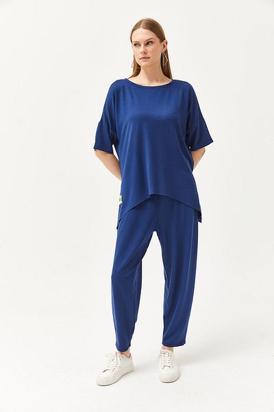 Olalook Women's Navy Blue Asymmetrical Blouse Soft Textured Bottom Top Crystal Suit TKM-19000269