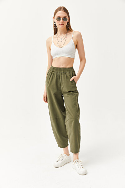 Olalook Kadın Haki Beli Lastikli Cepli Şalvar Kesim Gabardin Pantolon PNT-19000267