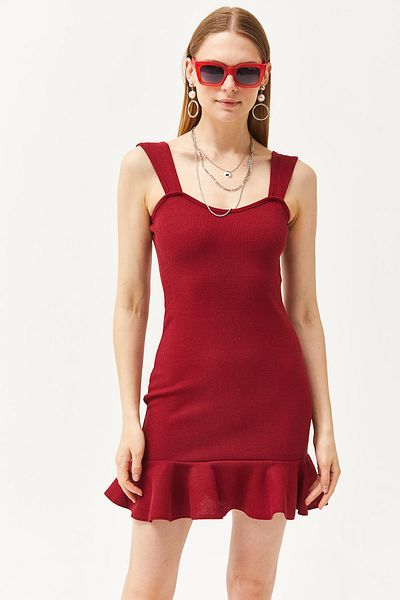Olalook Burgunderrotes Mini-Wabenkleid mit Rüschen und Herzkragen für Damen ELB-19002095
