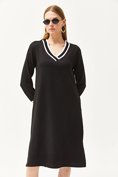 Olalook Kadın Siyah Yaka Detaylı Cepli Yırtmaçlı Salaş Kristal Elbise ELB-19002093