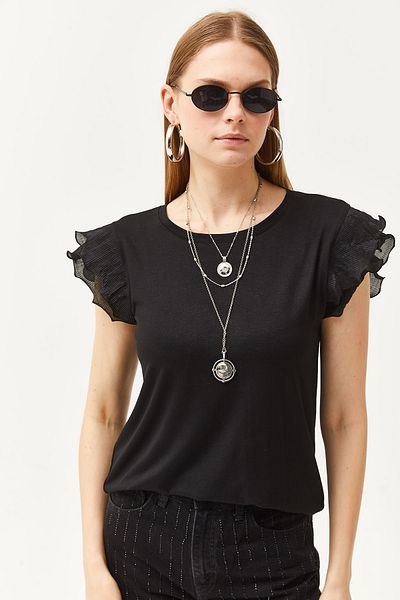 Olalook Schwarze Bluse aus Viskose mit plissierten Ärmeln für Damen BLZ-19002554